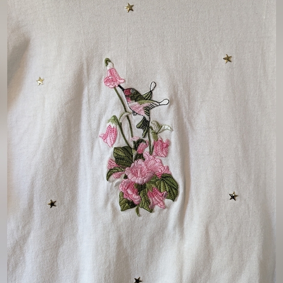 Vintage Hummingbird Floral White Tee Size L - Picture 2 of 4